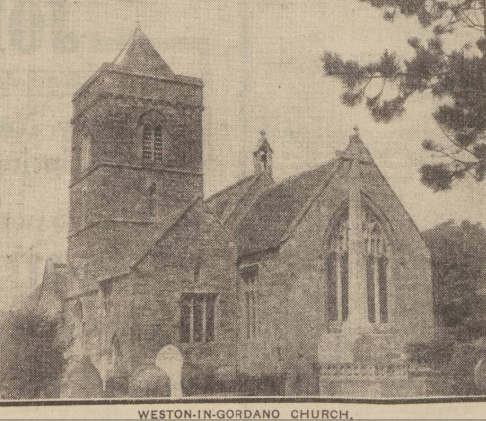 Black-and-white photo of Weston-in-Gordano Church with trees and cloudy sky in the background.