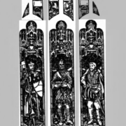Three stained glass window panels depict historical male figures in detailed attire with ornate backgrounds.