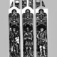 Three stained glass window panels depict historical male figures in detailed attire with ornate backgrounds.