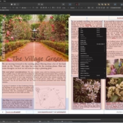 A desktop screen shows a magazine layout about gardening with text and garden photos in publishing software.