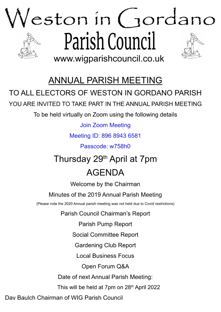 Flyer for Weston in Gordano Parish Council's annual meeting with agenda and Zoom joining details.