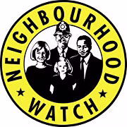 neighbourhood watch logo Neighbourhood Watch logo with four people, including a police officer, inside a yellow circle with black text.