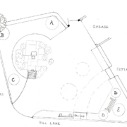 Hand-drawn site plan with labelled areas: Garage, Cottage, A, B, C, D, E, Main Rd, and Hill Lane.